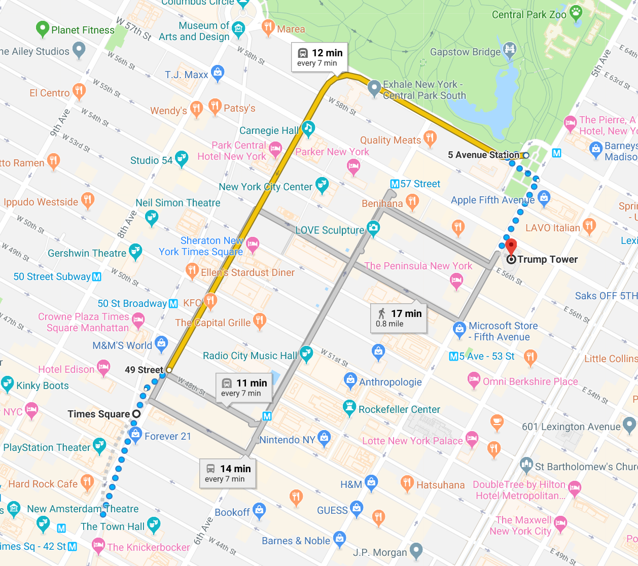 A map of New York city with Trump Towers and Time Square circled in red with the Google maps direction for three routes.  The main route travels west from 49th street to 59th street and east from 7th ave to 5th ave.